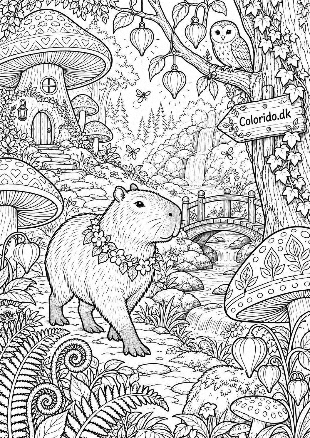 Capybara i magisk skov med svampe – eventyrtegning