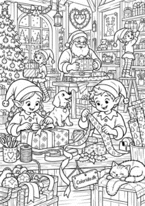 Værksted med gaveindpakning – julemotiv til print