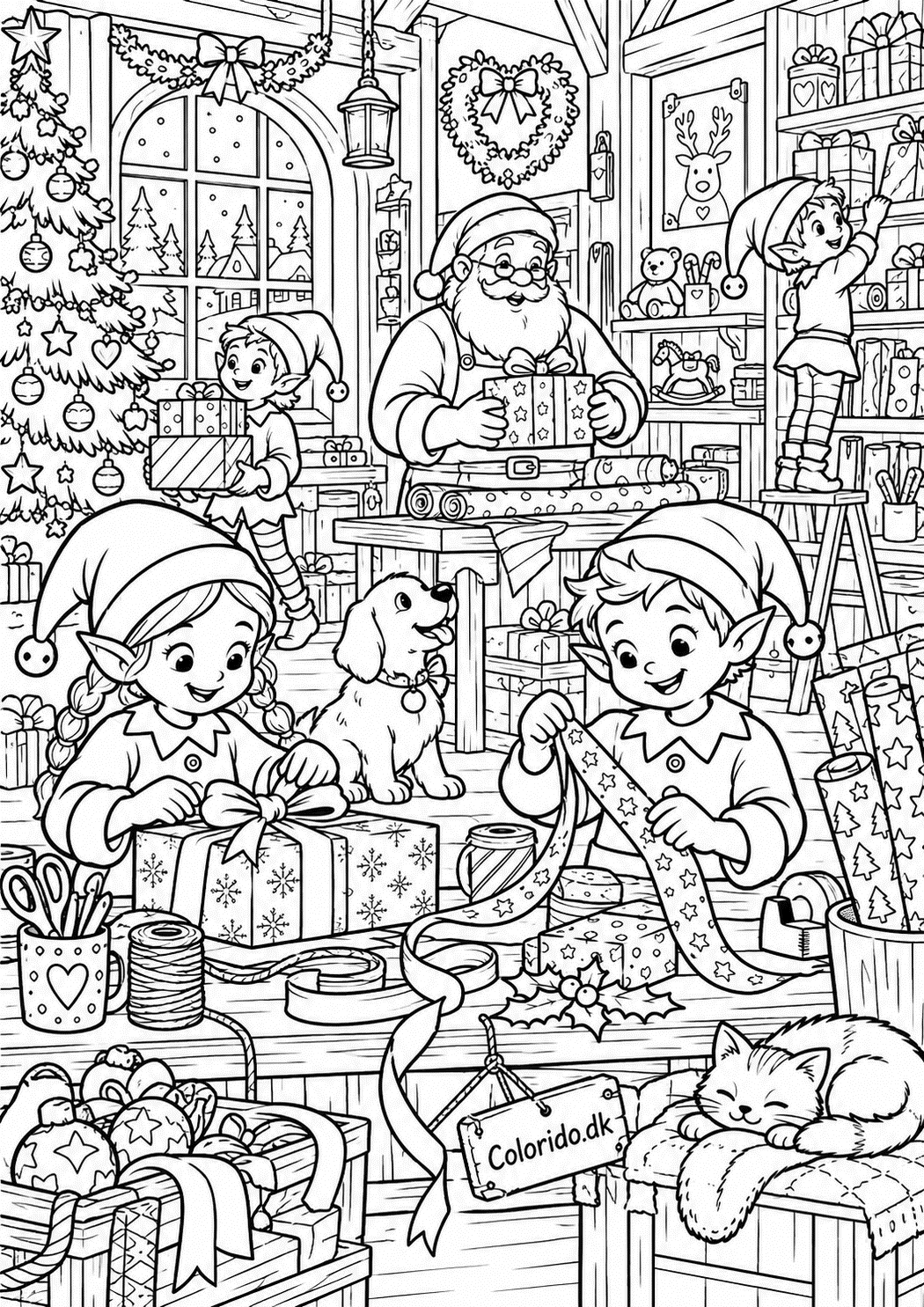 Værksted med gaveindpakning – julemotiv til print
