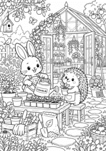 Kawaii drivhus i blomsterhave – tegning til print