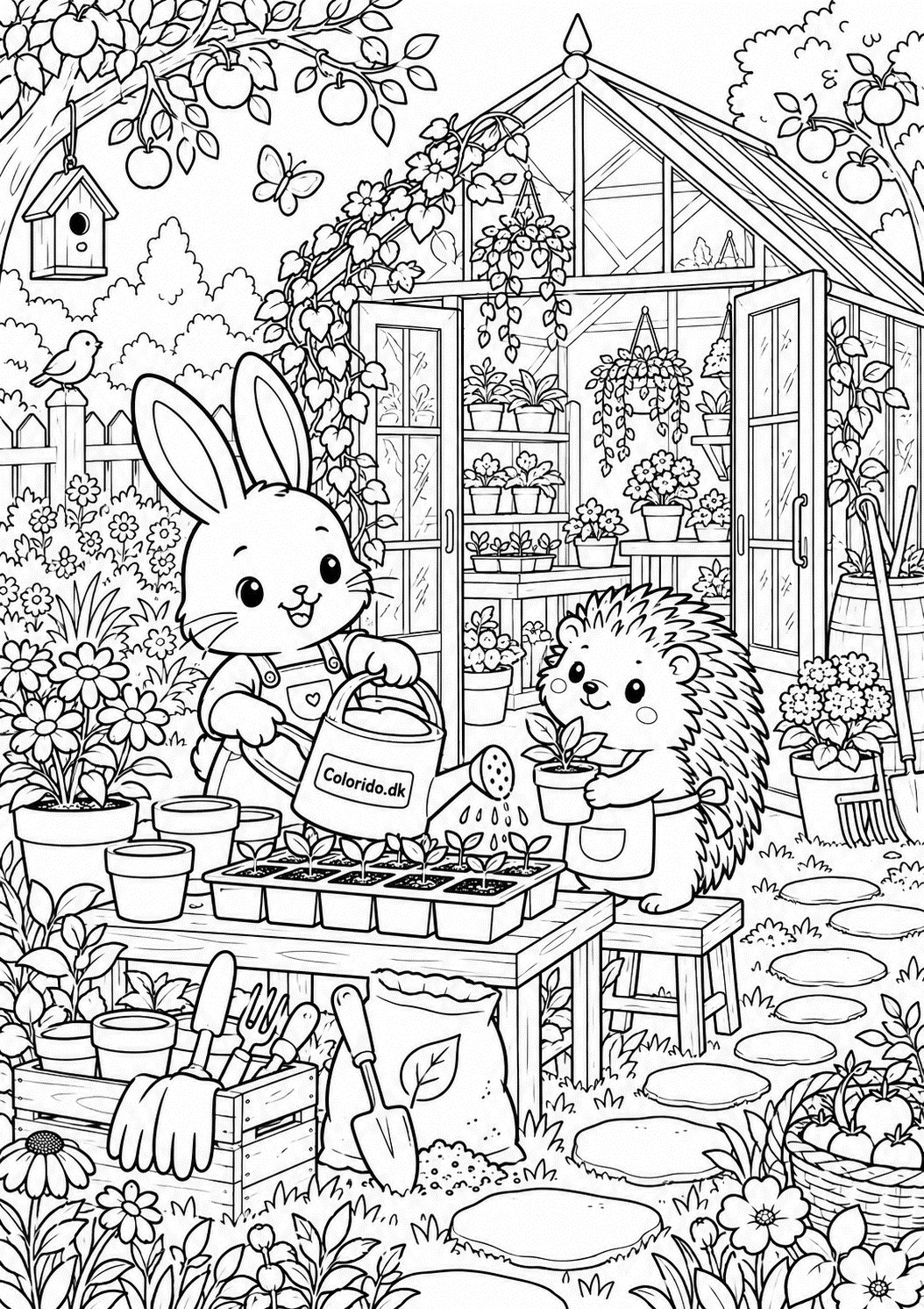 Kawaii drivhus i blomsterhave – tegning til print