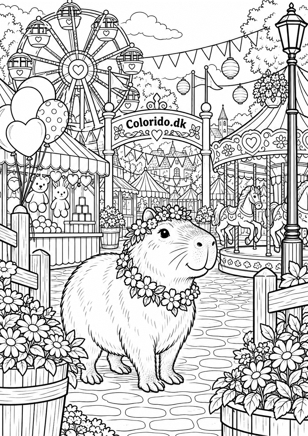 Capybara på sommermarked med pariserhjul – detaljeret farvelægning