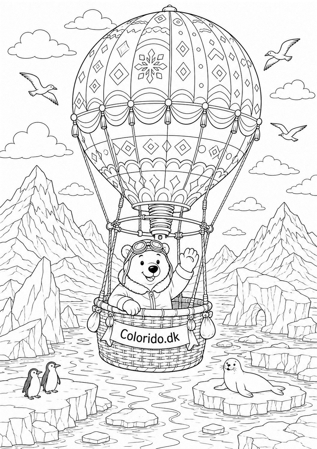Isbjørnepilot i luftballon over Arktis – avanceret tegning til print