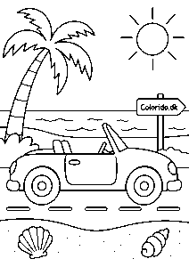 Åben bil ved stranden – sommertegning til print
