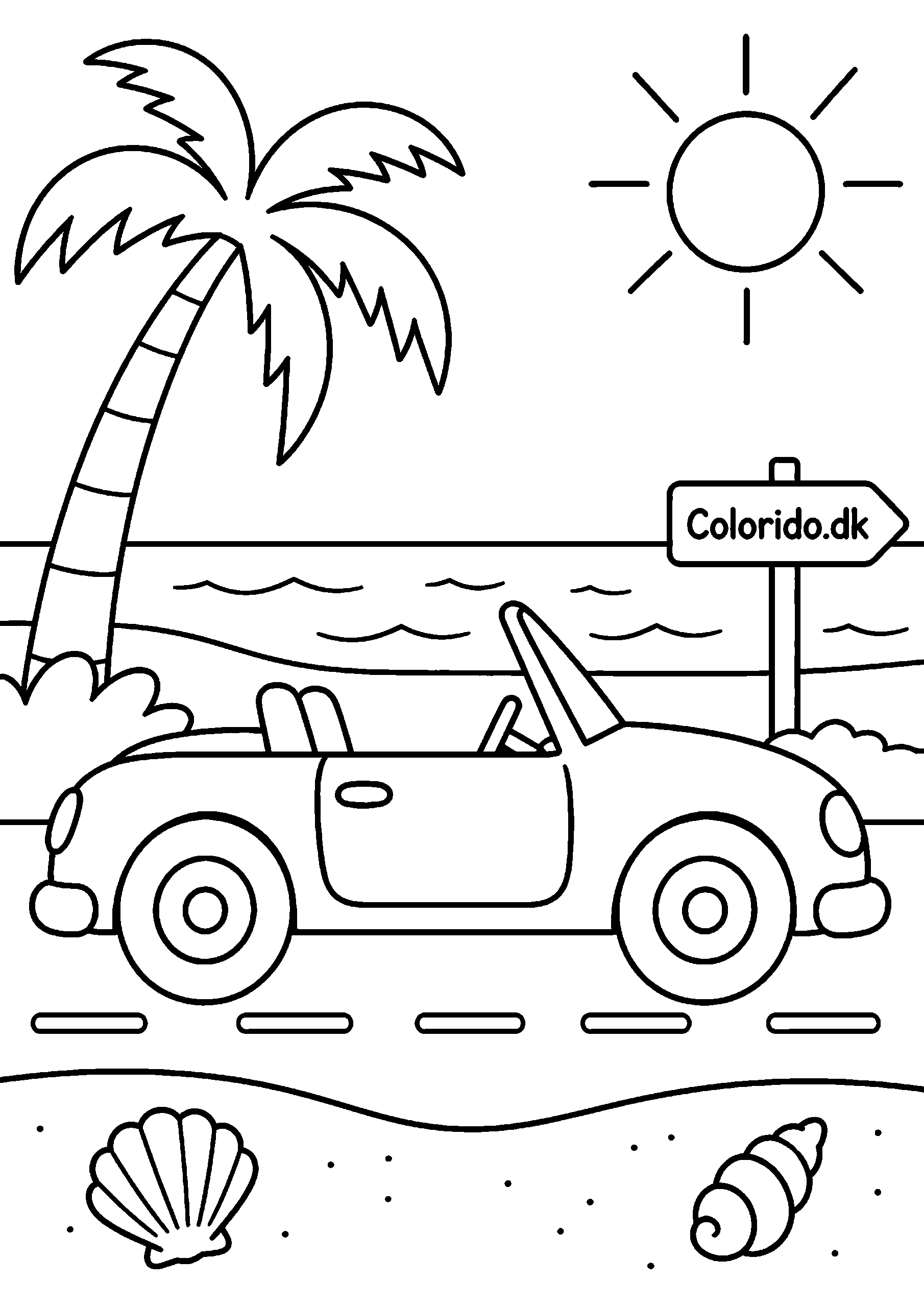 Åben bil ved stranden – sommertegning til print