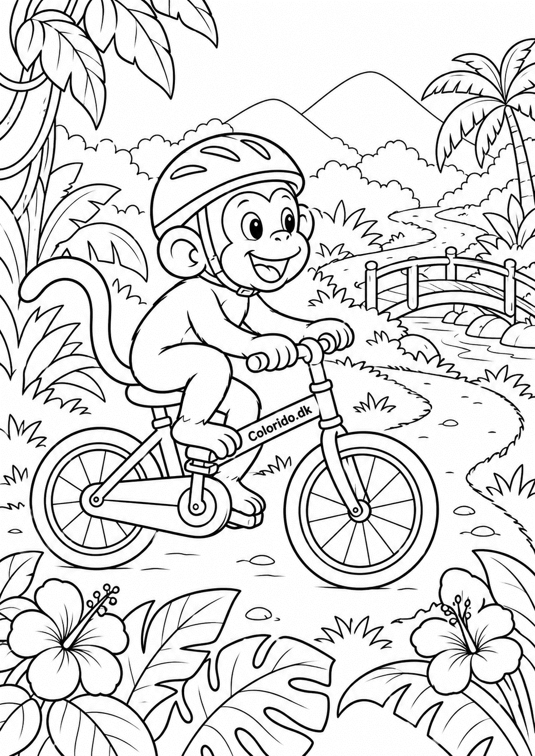 Abe cykler på en junglesti – tegning til farvelægning