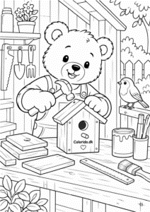 Bamse bygger fuglehus ved arbejdsbænk – kreativ bamsetegning til print