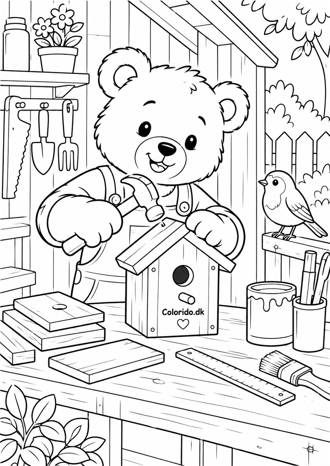 Bamse bygger fuglehus ved arbejdsbænk – kreativ bamsetegning til print