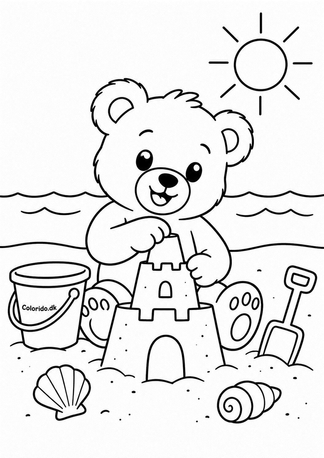 Bamse bygger sandslot ved stranden – gratis bamsetegning til print