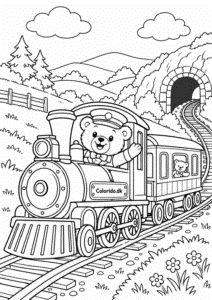 Bamse fører legetøjstog gennem landskabet – sjov bamsetegning til print