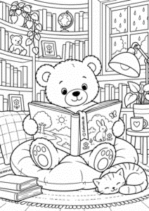 Bamse læser i hyggelig bibliotekskrog – rolig bamsetegning til farvelægning