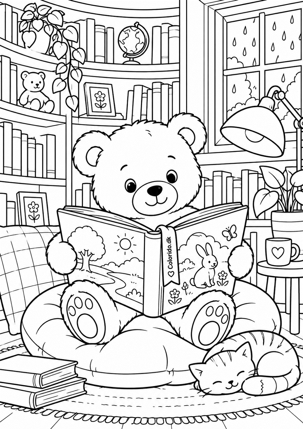 Bamse læser i hyggelig bibliotekskrog – rolig bamsetegning til farvelægning