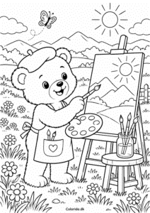 Bamse maler i den solrige eng – kreativ bamsetegning til print