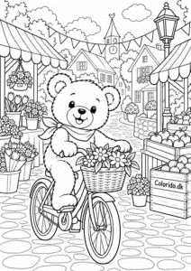 Bamse på cykel gennem landsbymarkedet – gratis bamsetegning til print