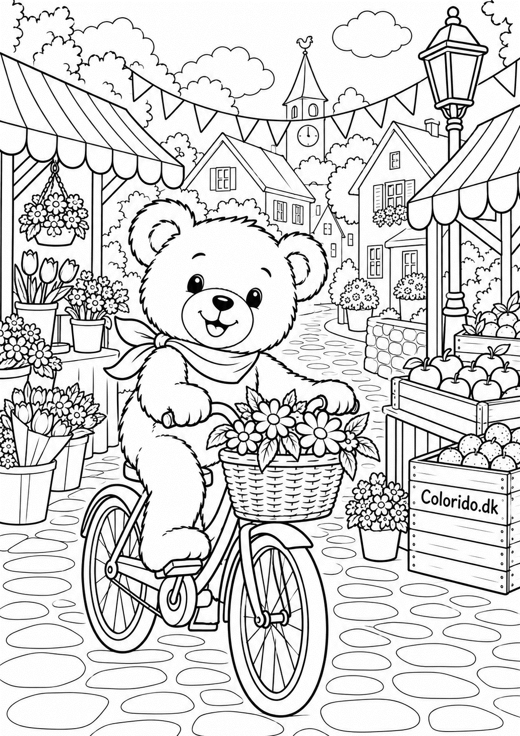 Bamse på cykel gennem landsbymarkedet – gratis bamsetegning til print