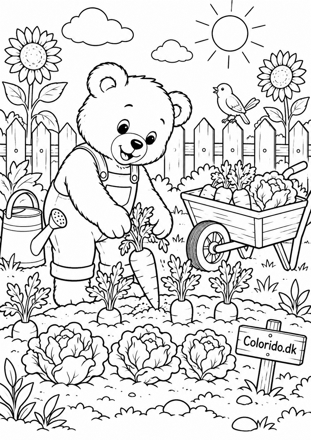 Bamse passer køkkenhaven – gratis bamsetegning til farvelægning