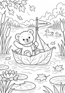 Bamse sejler i en bladbåd – hyggelig bamsetegning til farvelægning
