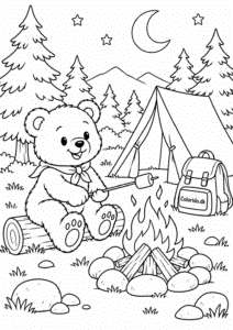 Bamsens hyggelige campingtur under månen – hyggelig bamsetegning til print