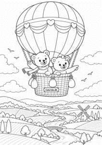 Bamser i luftballon over markerne – gratis bamsetegning til print