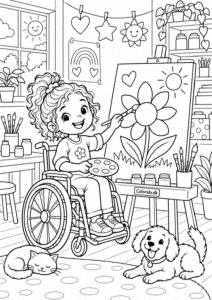 Barn i kørestol maler en blomst – kreativ tegning