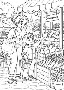 Barn og voksen på frugtmarked – mennesketegning til print