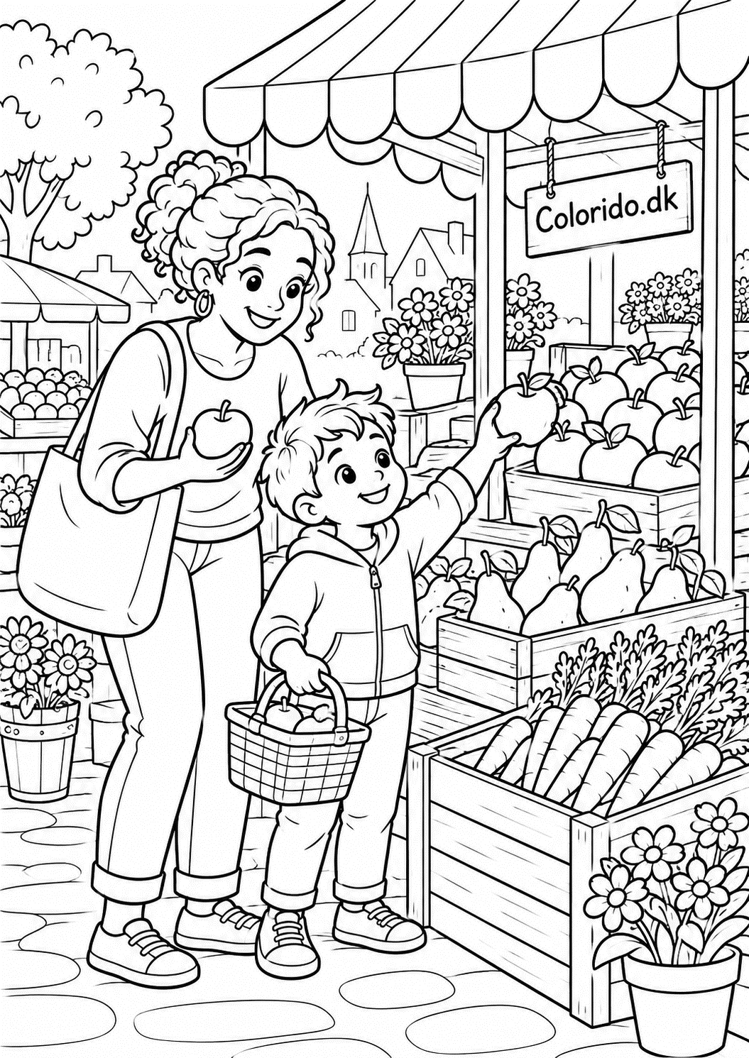 Barn og voksen på frugtmarked – mennesketegning til print