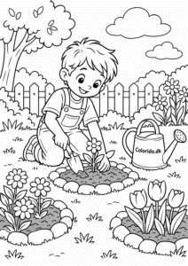 Barn planter blomster i haven – tegning til print