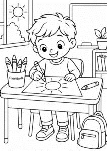Barn tegner ved skolebord – gratis malebillede