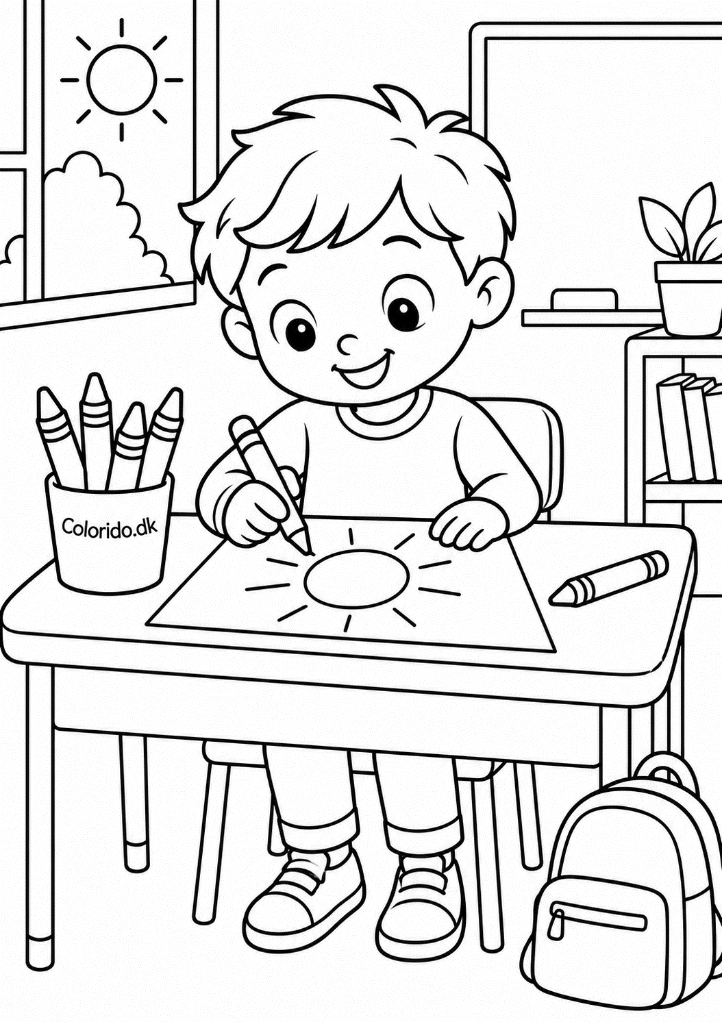 Barn tegner ved skolebord – gratis malebillede