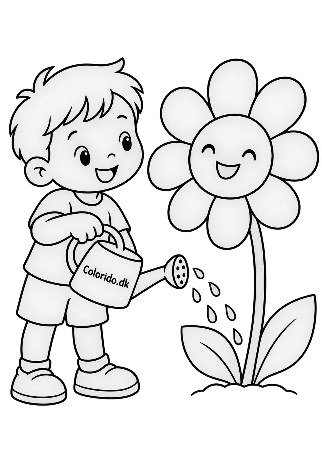 Barn vander en stor blomst – gratis tegning