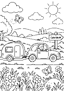 Bil med campingvogn i en blomstermark