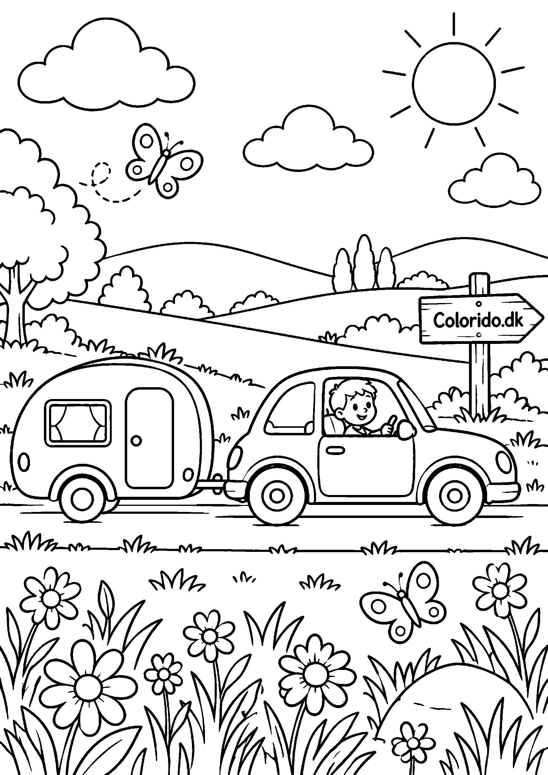Bil med campingvogn i en blomstermark
