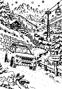 Bil på en snedækket alpevej – vintertegning
