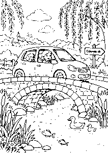 Bil på stenbro over en å – naturtegning til farvelægning