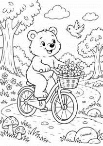 Bjørn på cykel med blomsterkurv – svær tegning til farvelægning