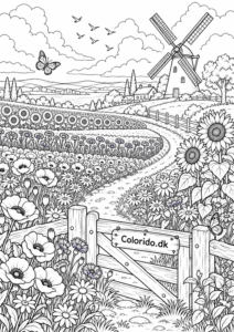 Blomstermark med vindmølle – landskabstegning til print