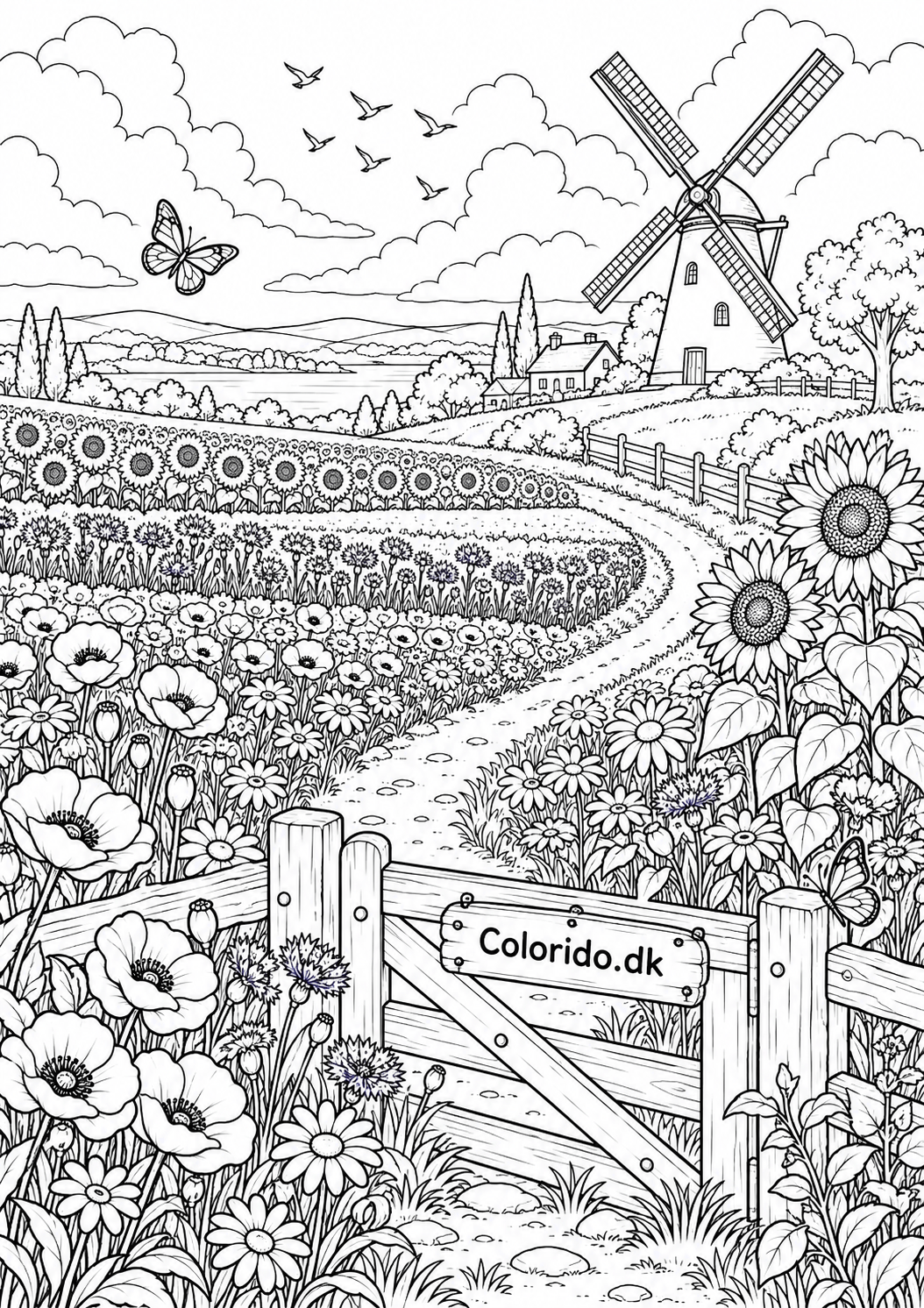 Blomstermark med vindmølle – landskabstegning til print