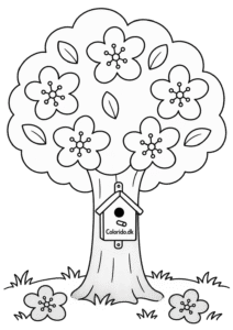 Blomstrende træ med fuglehus – tegning for børn