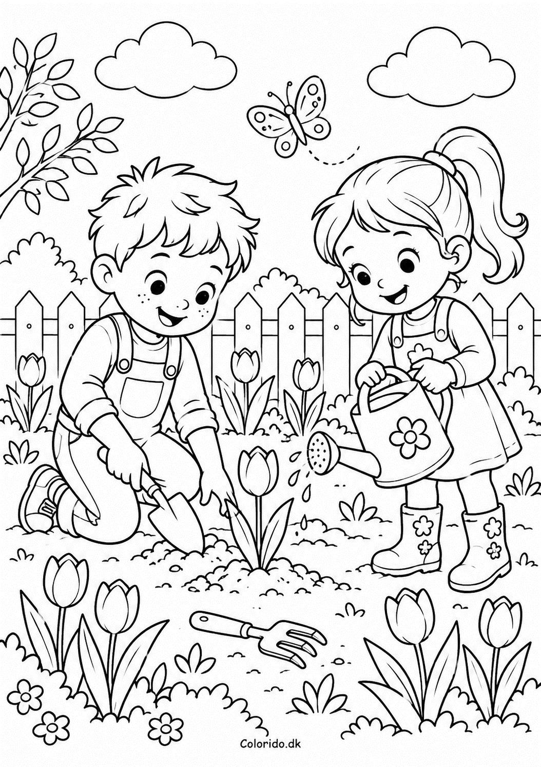 Børn planter blomster i haven – forårstegning til print