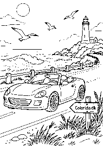Cabriolet på vejen ved havet – sommertegning til print