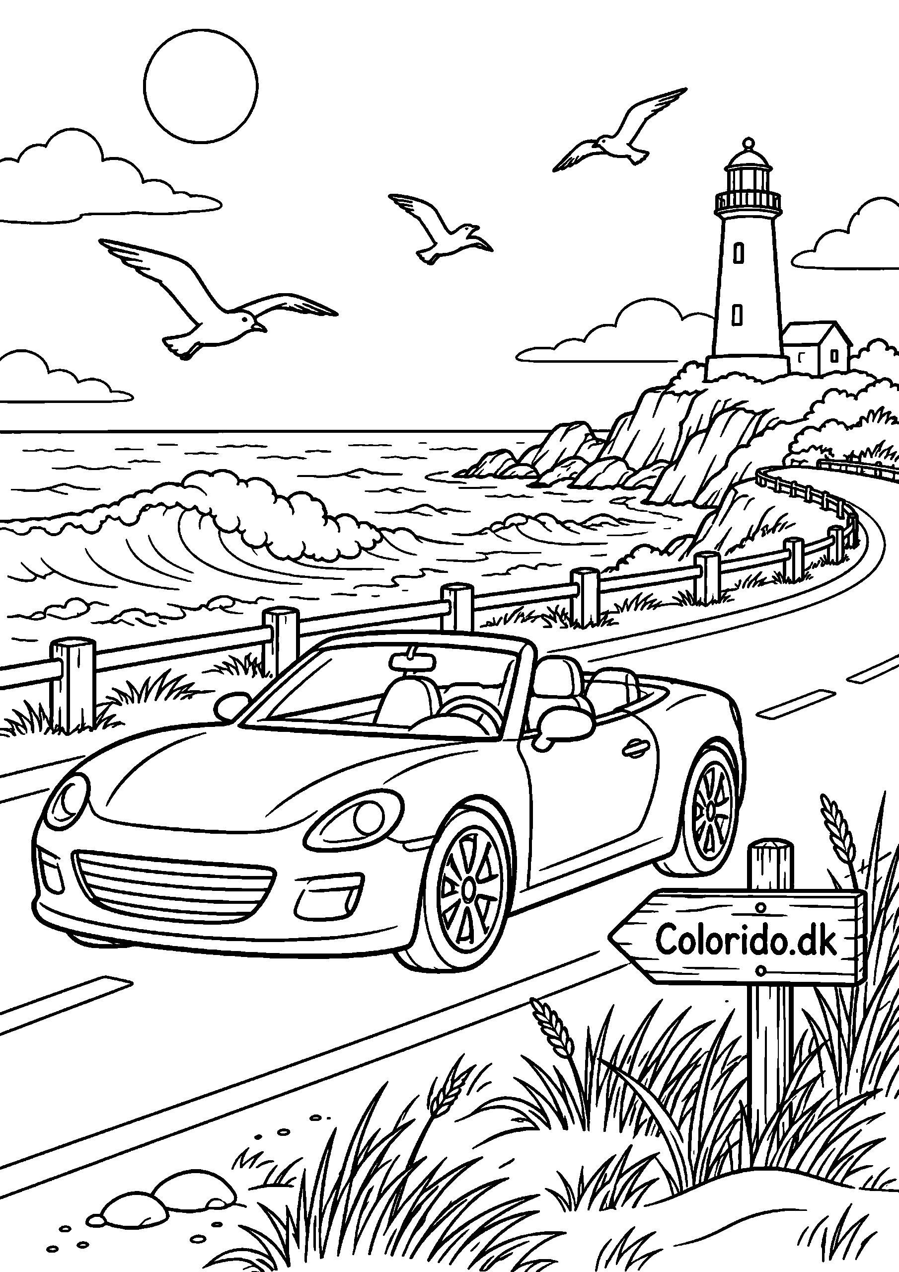Cabriolet på vejen ved havet – sommertegning til print