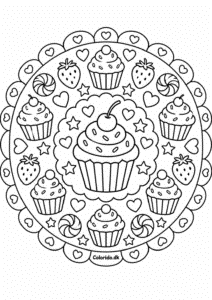 Cupcake-mandala med slik og jordbær til farvelægning