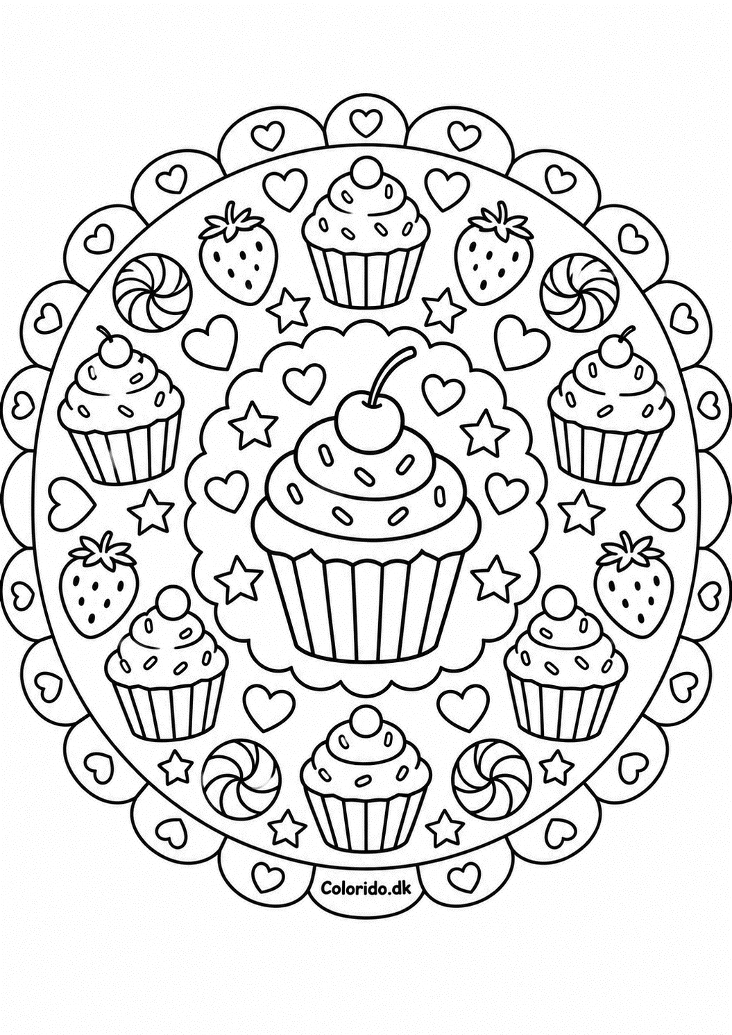Cupcake-mandala med slik og jordbær til farvelægning