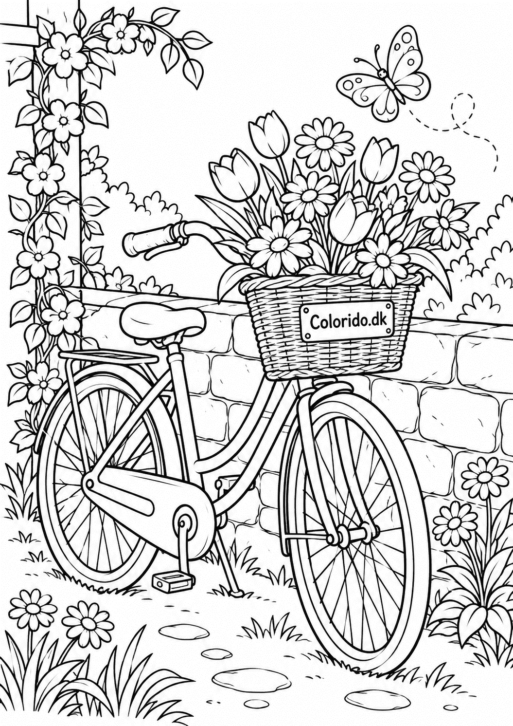 Cykel med blomsterkurv – gratis farvelægning