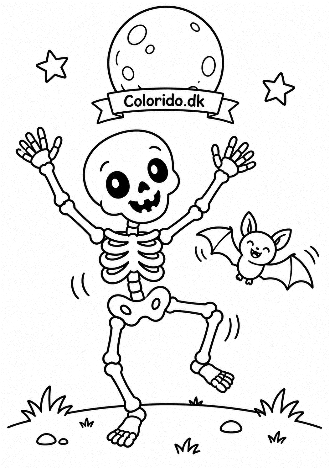 Dansende skelet under månen – nem halloweentegning til print