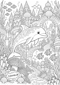 Delfin i undervandsbyen – avanceret tegning til print