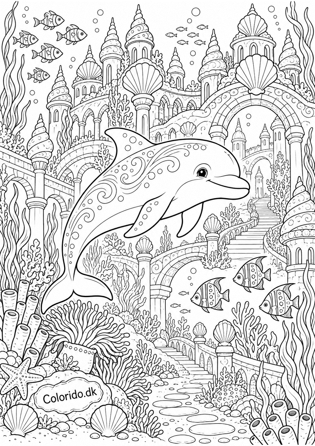 Delfin i undervandsbyen – avanceret tegning til print