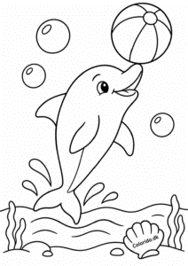 Delfin med badebold – nem tegning til print