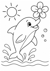 Delfin med blomst – nem tegning til børn