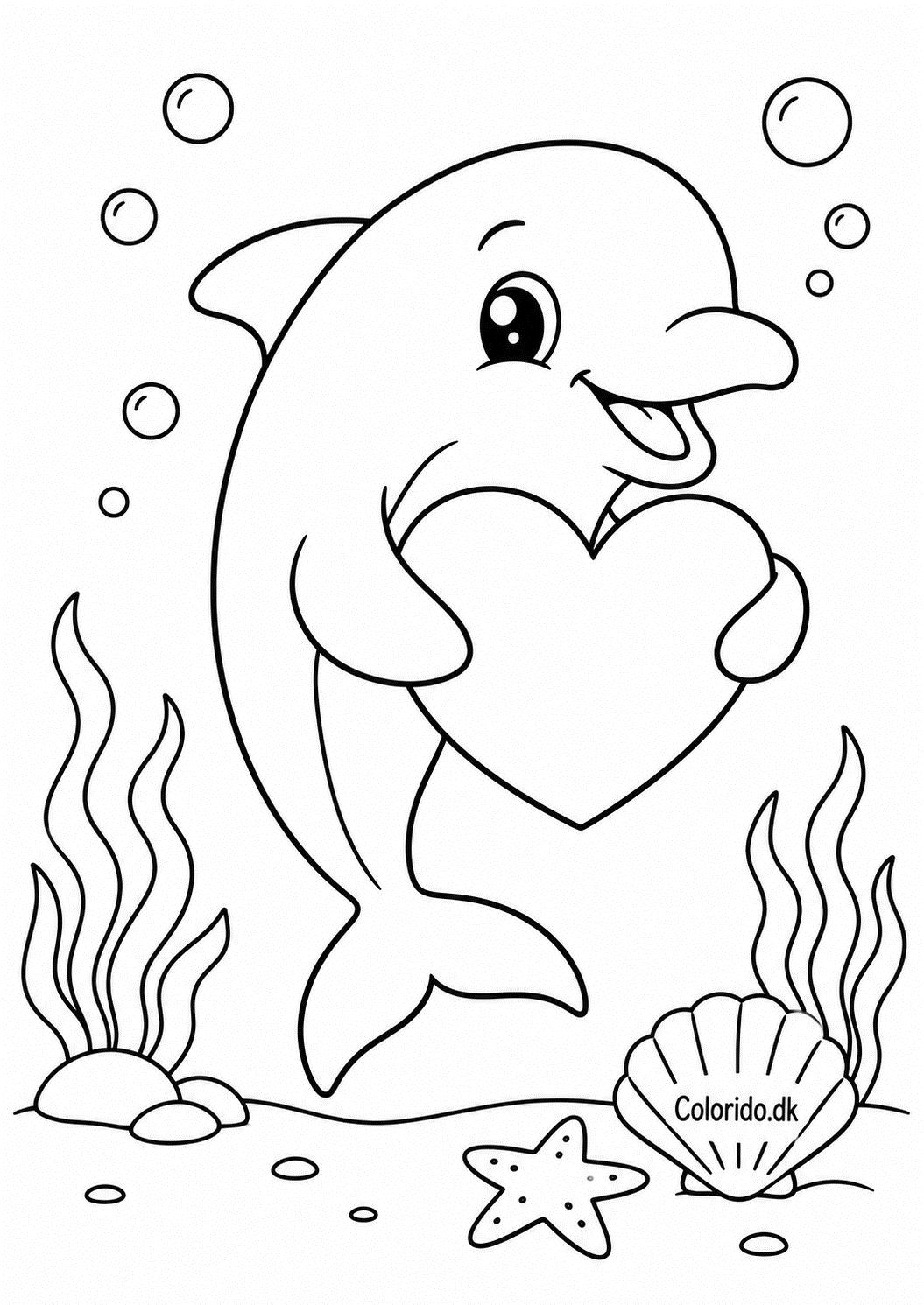 Delfin med hjerte – nem tegning til print